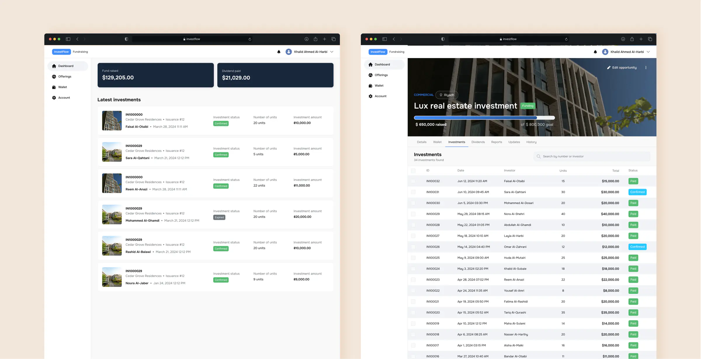 Two windows: a dashboard with funds raised, dividends paid and the latest investments, and an offering page with its investment table