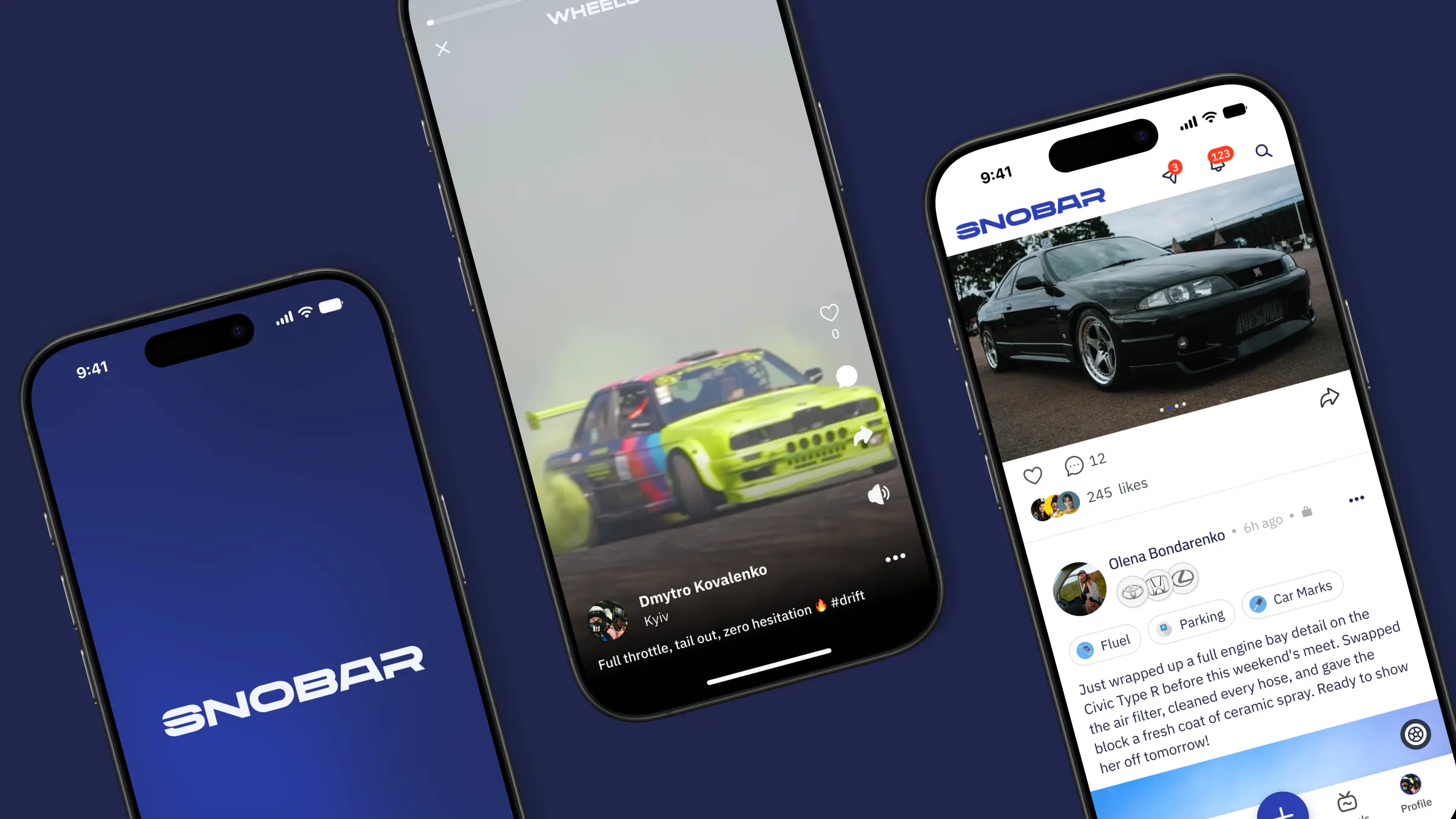 Three Snobar screens angled on a deep blue background: the SNOBAR splash, a full-screen drift video in Wheels, and a feed post about a Civic Type R