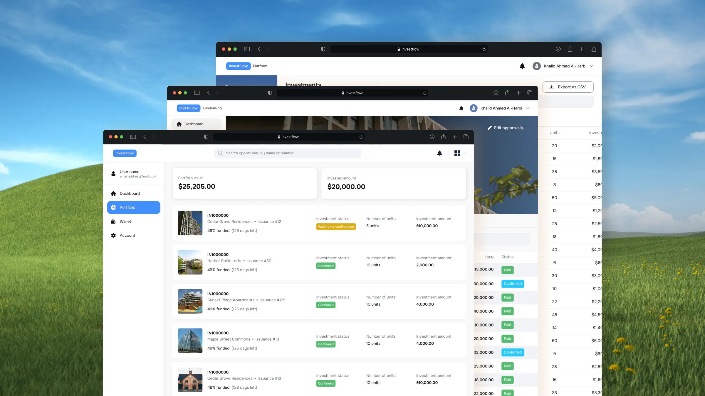 Three InvestFlow windows overlapping: an investor portfolio with its holdings, a fundraiser dashboard, and the back-office investments table