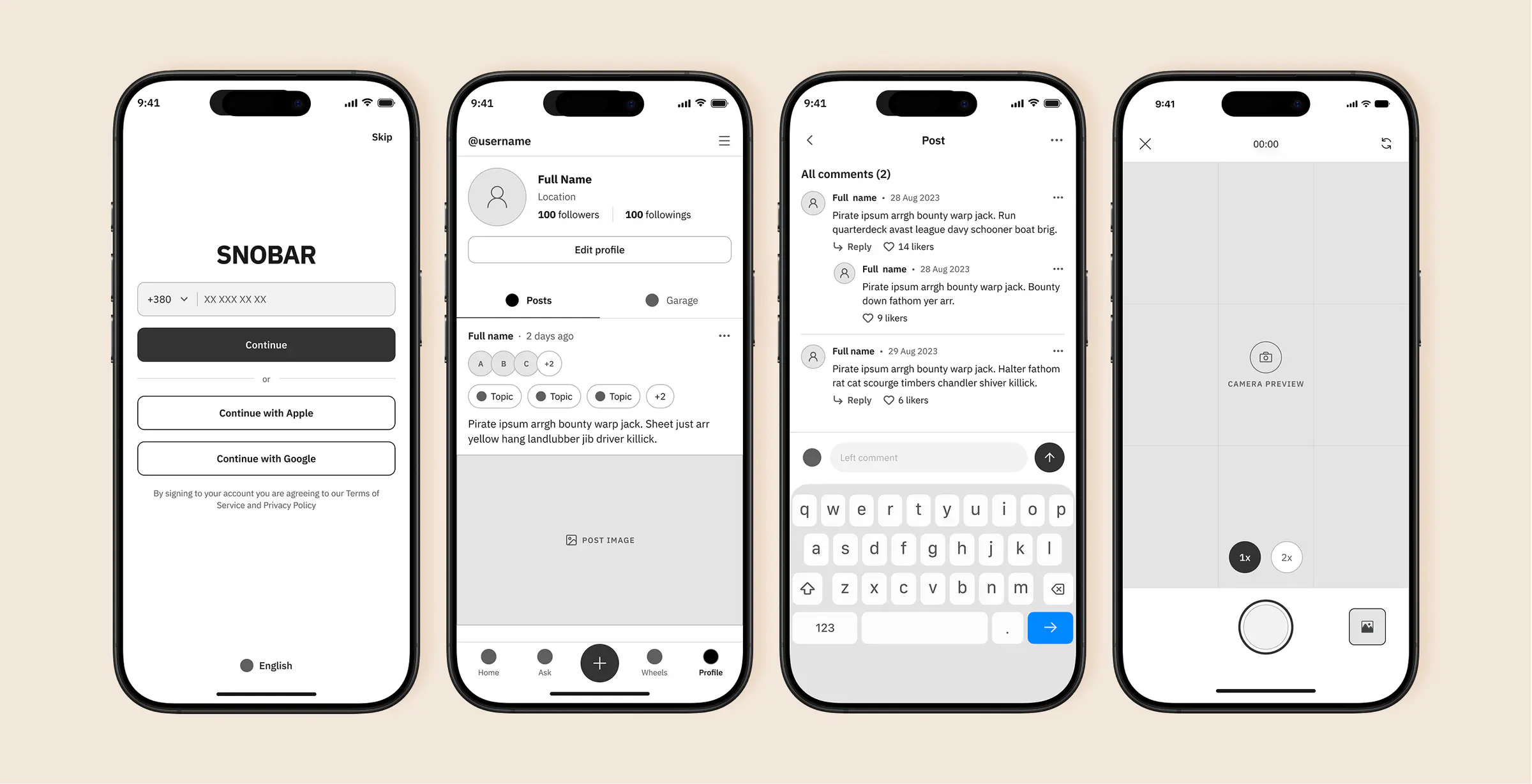 Grey wireframes of four screens: sign-in, a profile with posts and a garage tab, a post with comments, and the video camera