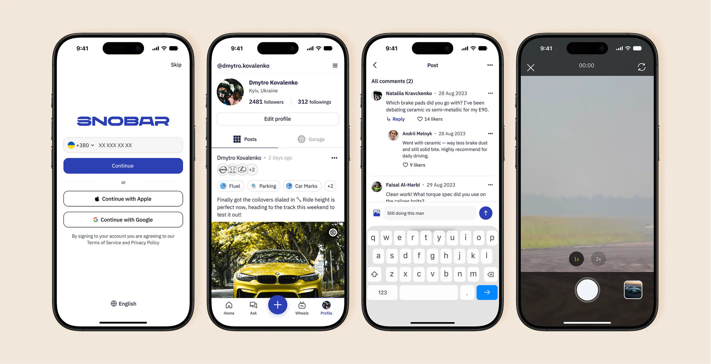 The same four screens in the final UI: sign-in, a profile with a yellow BMW post, a comment thread, and the camera over a track