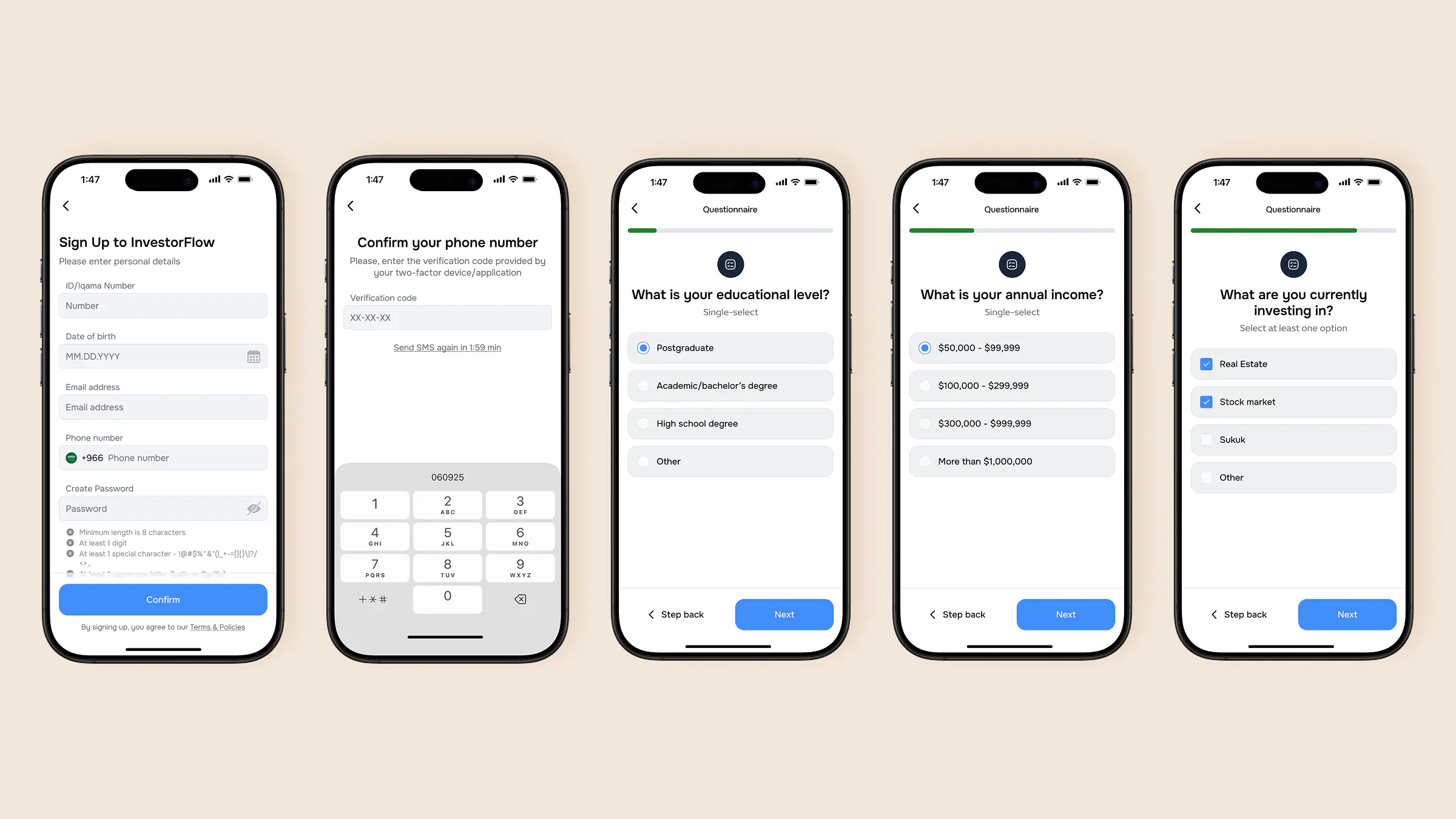 Five phone screens: personal details, phone confirmation with a verification code, and questionnaire steps about annual income and current investments