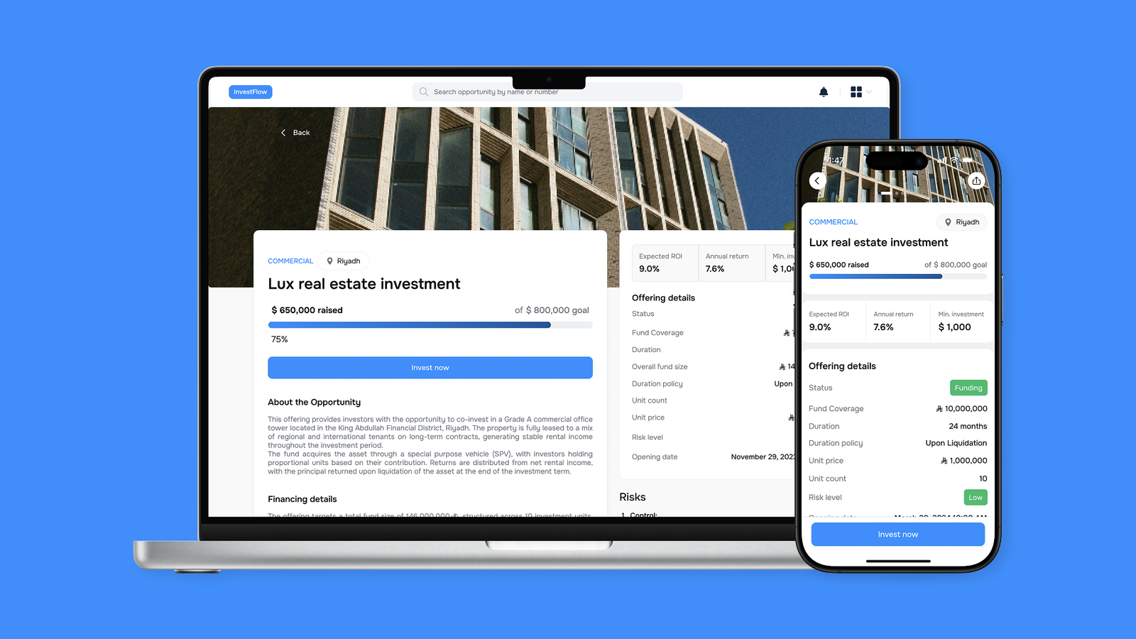 InvestFlow — an offering page on a laptop beside the same page on a phone