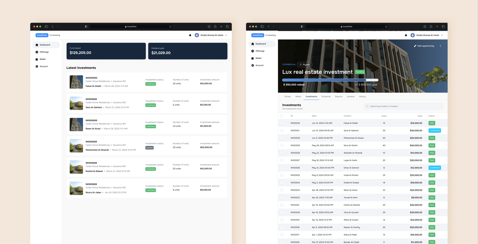 Two windows: a dashboard with funds raised, dividends paid and the latest investments, and an offering page with its investment table