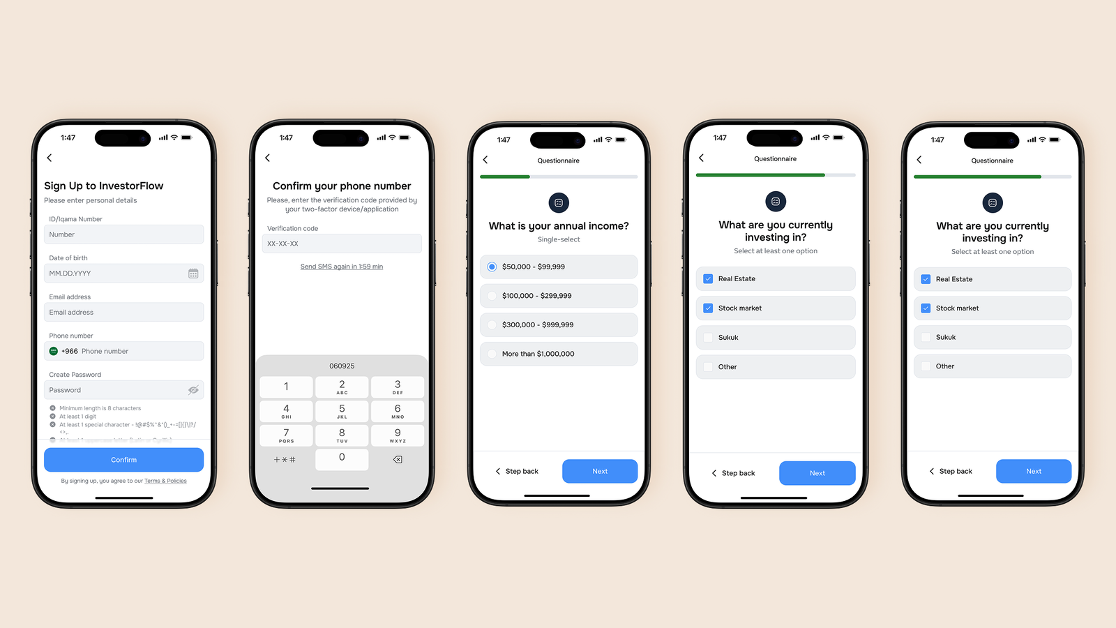 Five phone screens: personal details, phone confirmation with a verification code, and questionnaire steps about annual income and current investments