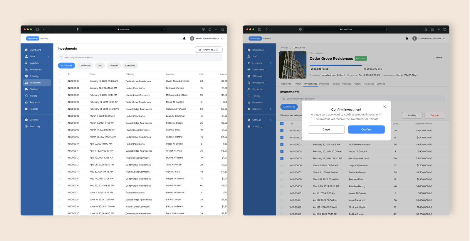 Back-office table of investments across offerings, with selection checkboxes, statuses and export controls