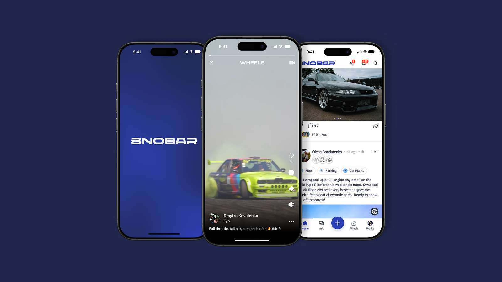 Snobar — three phones overlapping on deep blue: the SNOBAR splash, a drift video in Wheels, and a feed post