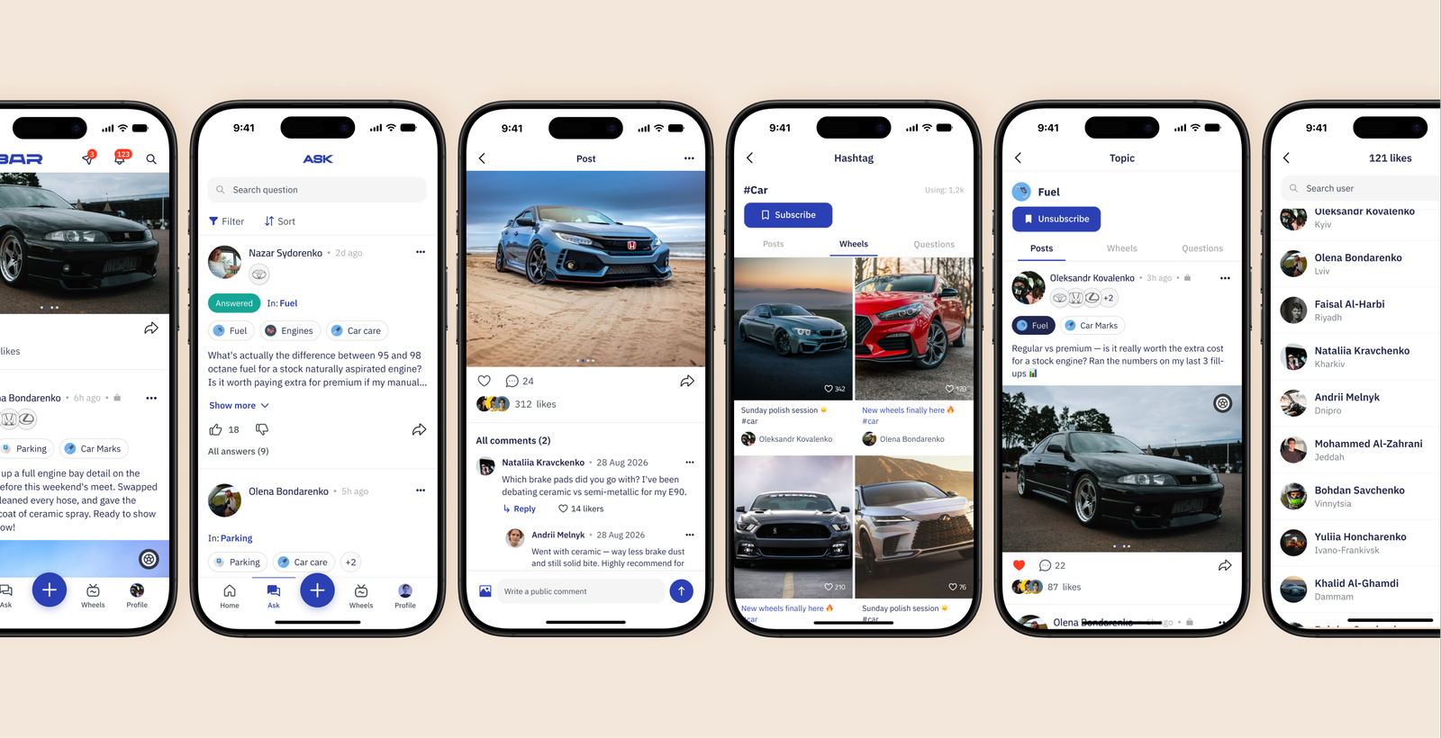Six phone screens: a feed post, the Q&A list with filtering, a post with comments, a hashtag page with a grid of videos, a topic page with a subscribe button, and the list of people who liked a post