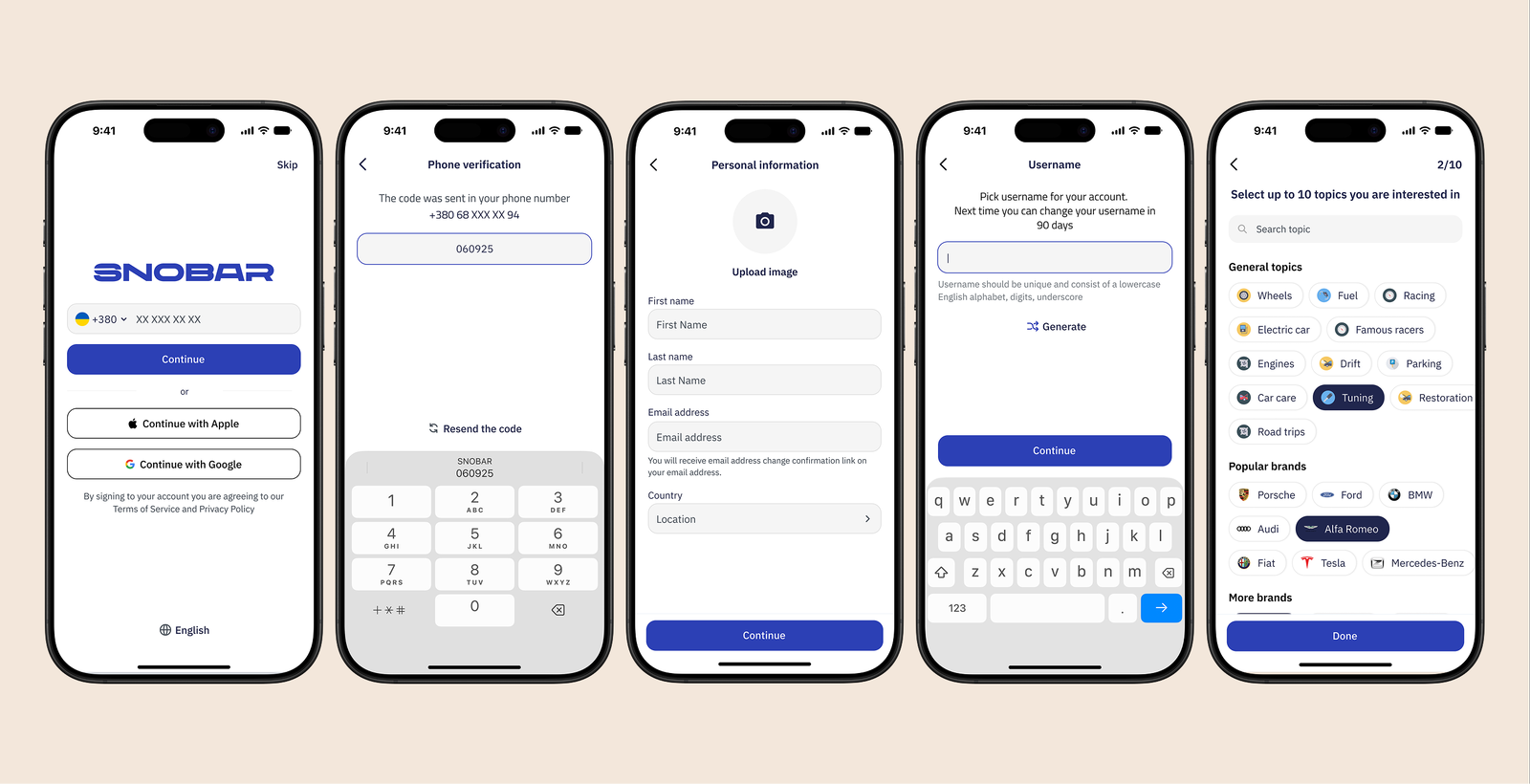 Five phone screens: sign-in by phone number or Apple and Google, a verification code, personal details, picking a username, and choosing topics and car brands to follow