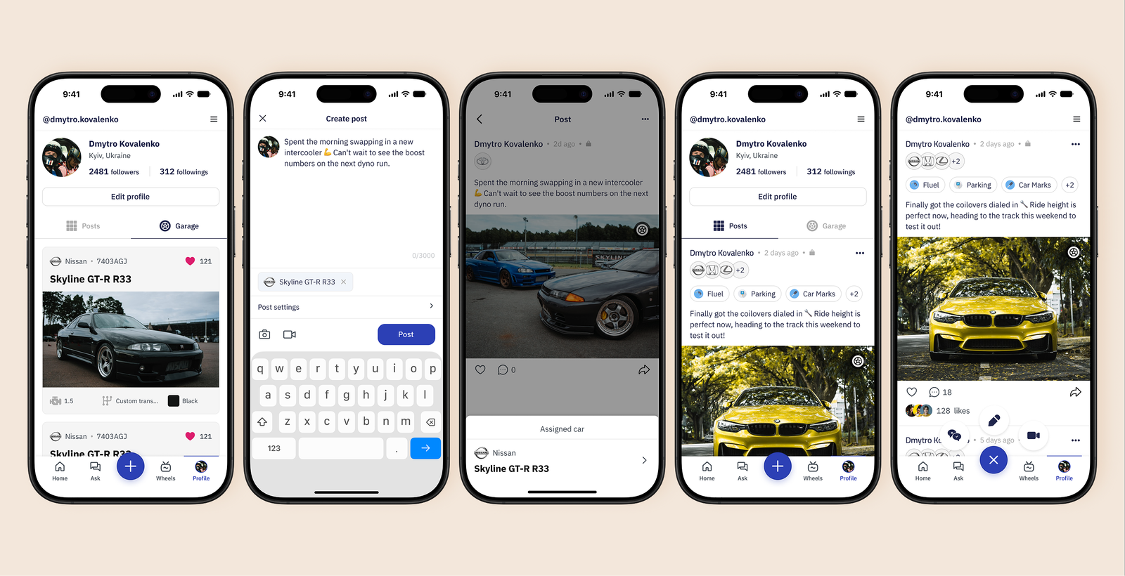 Five phone screens: a profile open on its Garage tab listing the owner's cars, composing a post with a car attached, the published post, the profile's Posts tab, and a post with its car badges